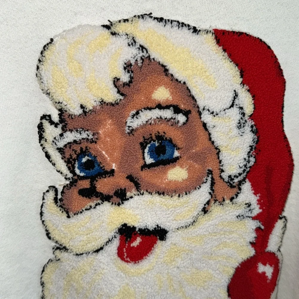 Vintage rare USA made white sweatshirt raised Santa 3D tufted rug graphic XL